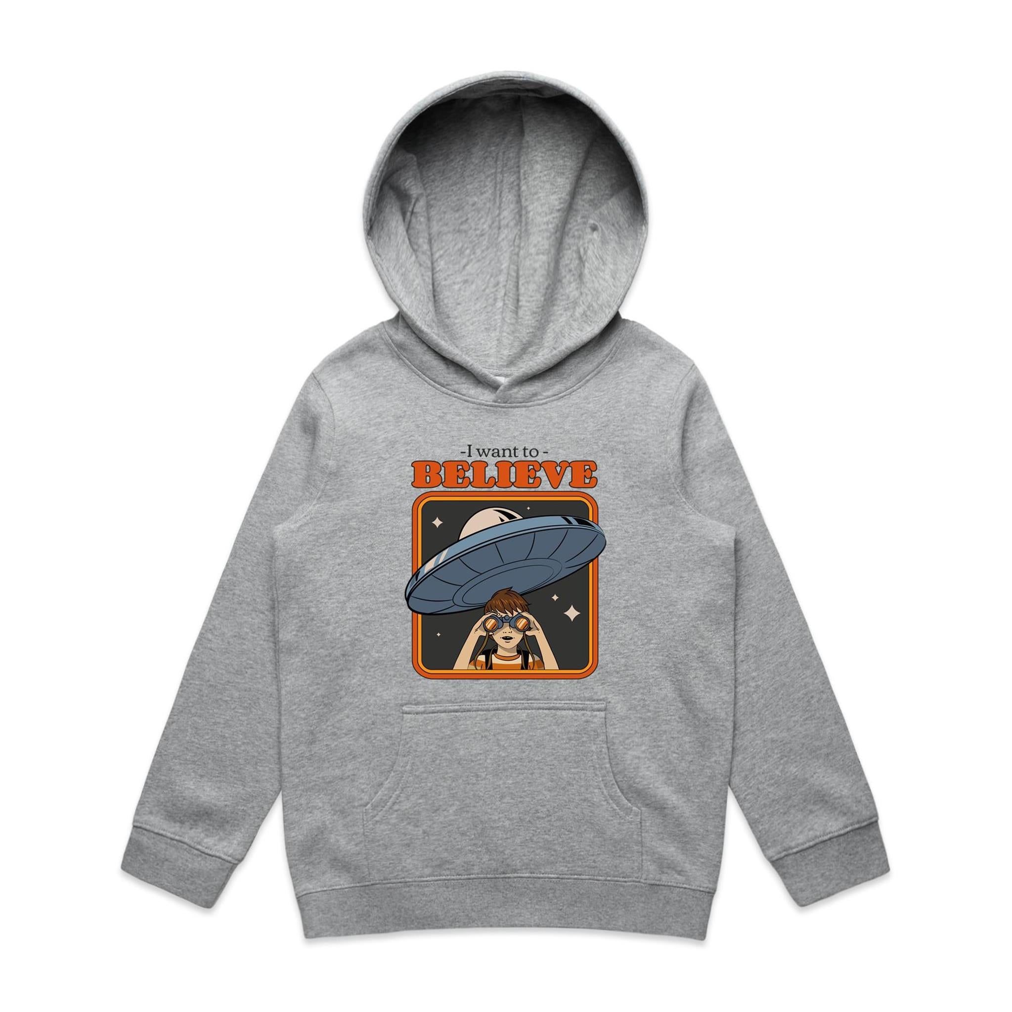 I Want To Believe, UFO - Kids Hoodie Grey Marle Kids Hoodie Printed In Australia
