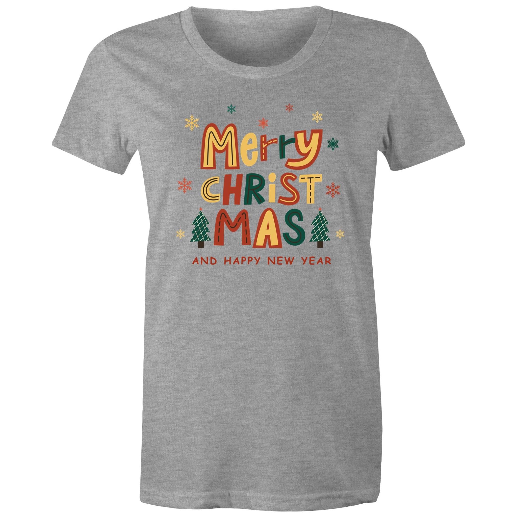 Merry Christmas And Happy New Year - Womens T-shirt Grey Marle Womens Christmas T-shirt Christmas Printed In Australia