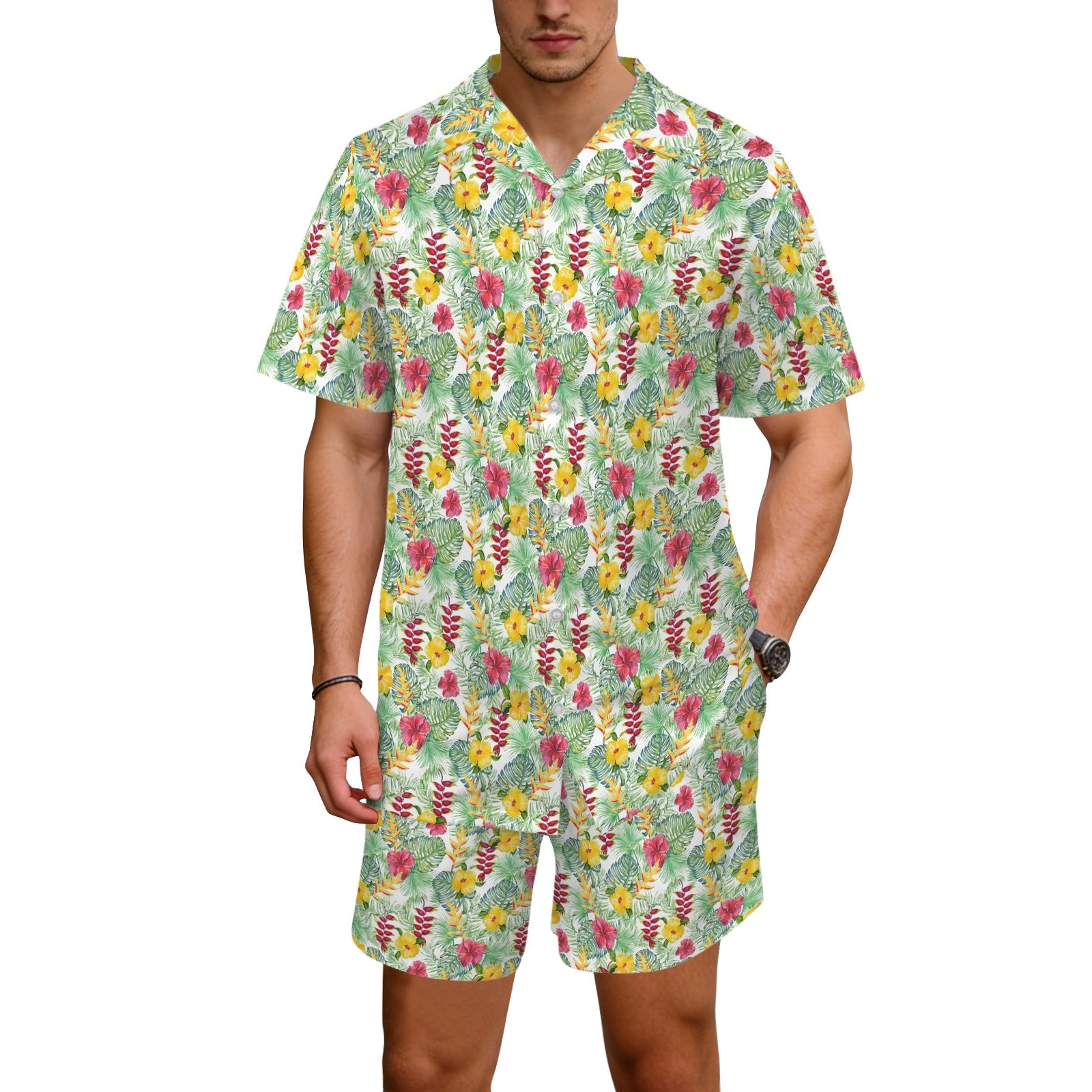 Tropical Flowers On White Men's Hawaiian Shirt & Shorts Set Men's Hawaiian Shirt & Shorts Set Plants Printed Offshore