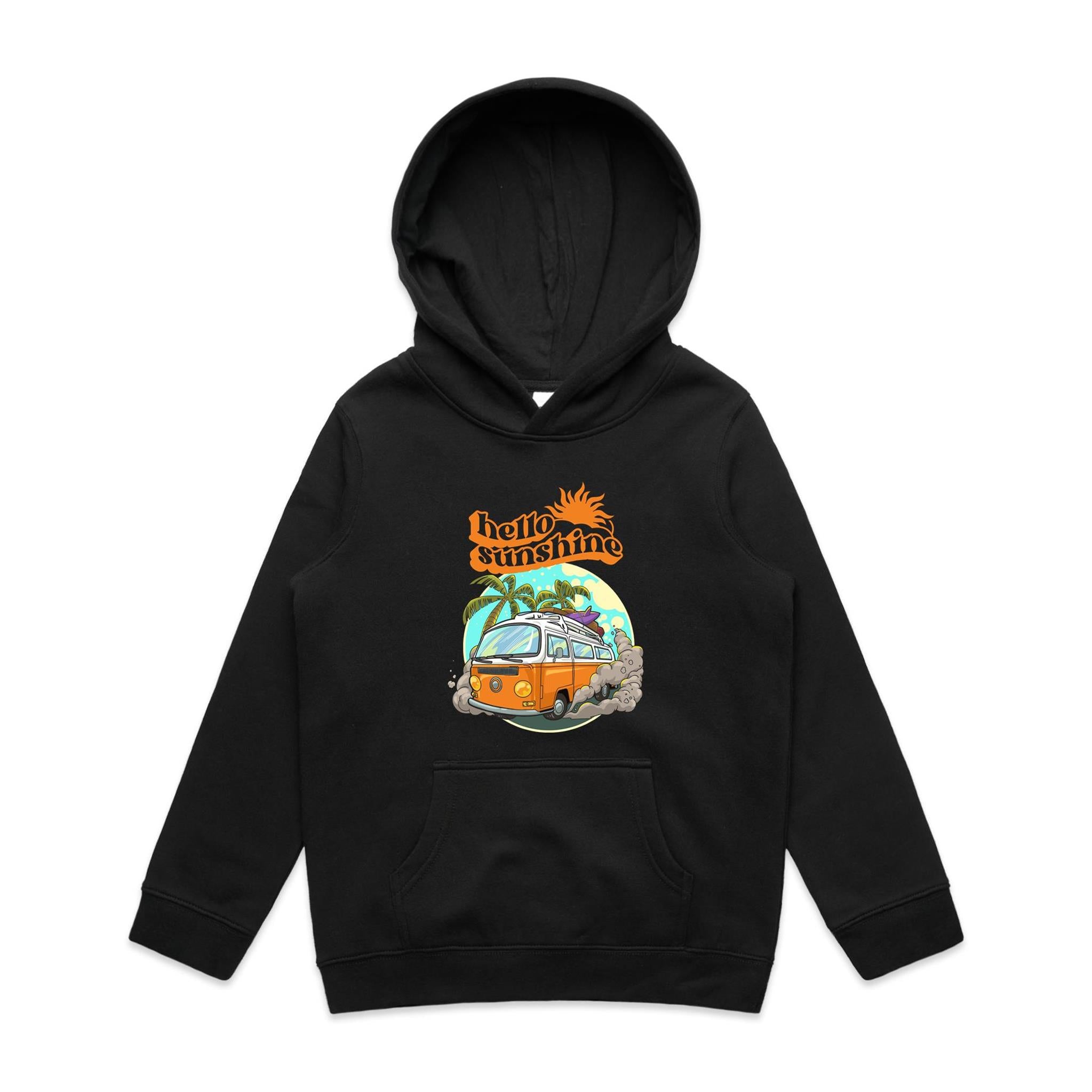 Hello Sunshine, Beach Van - Kids Hoodie Black Kids Hoodie Printed In Australia
