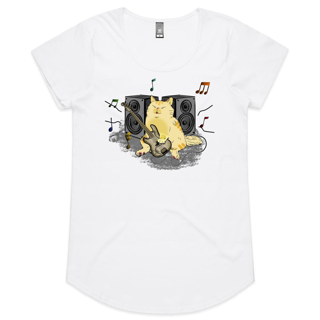 Cat Bass Player - Womens Scoop Neck T-Shirt White Womens Scoop Neck T-shirt animal Music Printed In Australia