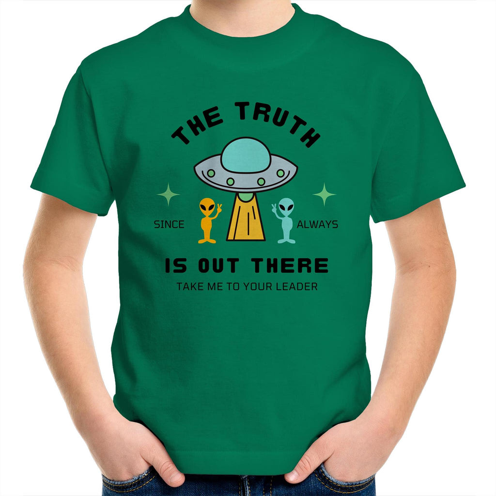 The Truth Is Out There, Alien UFO - Kids Youth T-Shirt Kelly Green Kids Youth T-shirt Printed In Australia Sci Fi