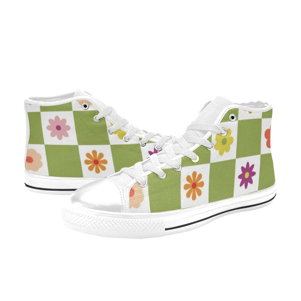 Flower Check Kids High Top Canvas Shoes Kids High Top Canvas Shoes Plants Printed Offshore