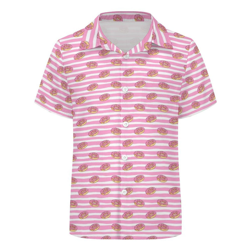 Pink Doughnut Stripes Kids Youth Short Sleeve Button Up Shirt