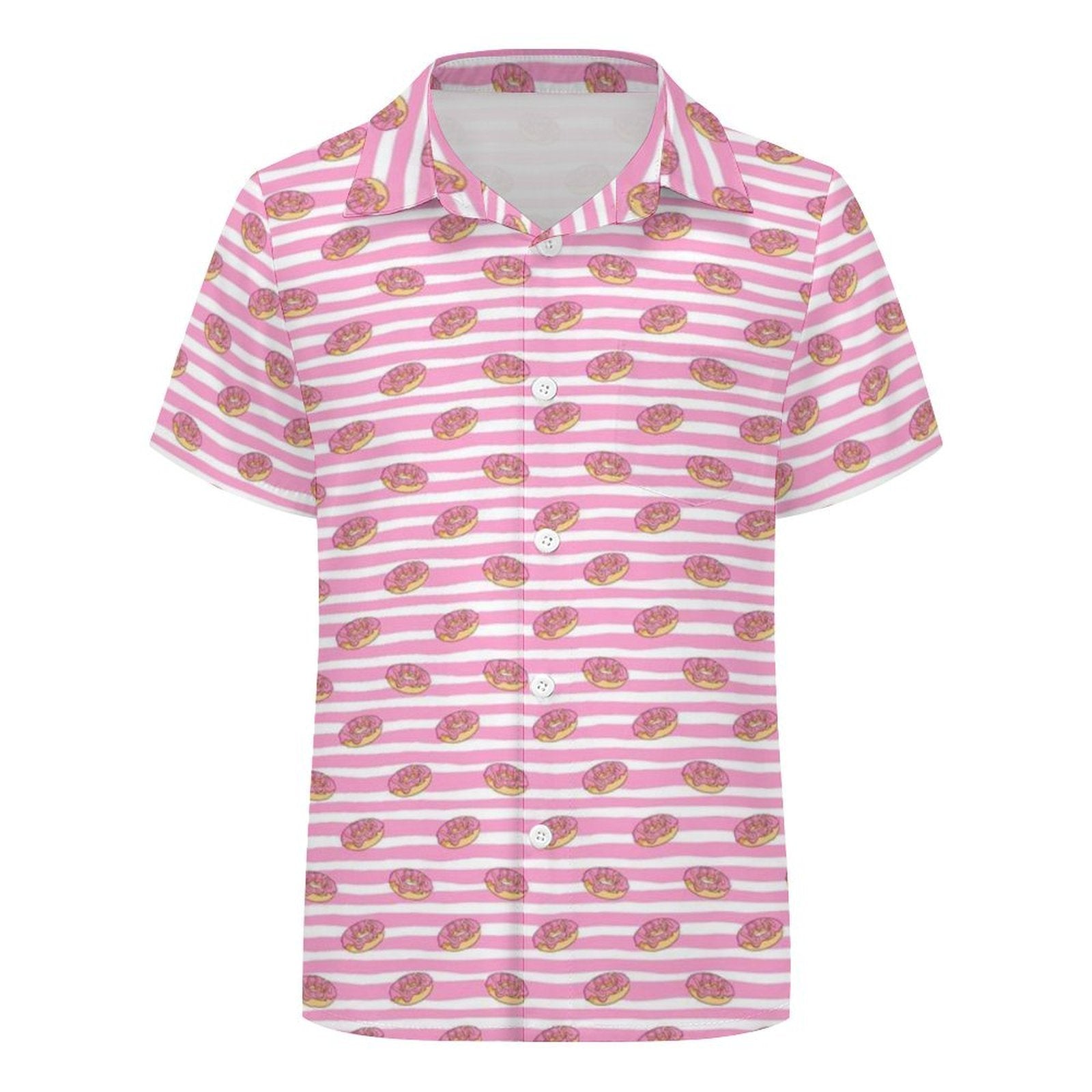 Pink Doughnut Stripes Kids Youth Short Sleeve Button Up Shirt