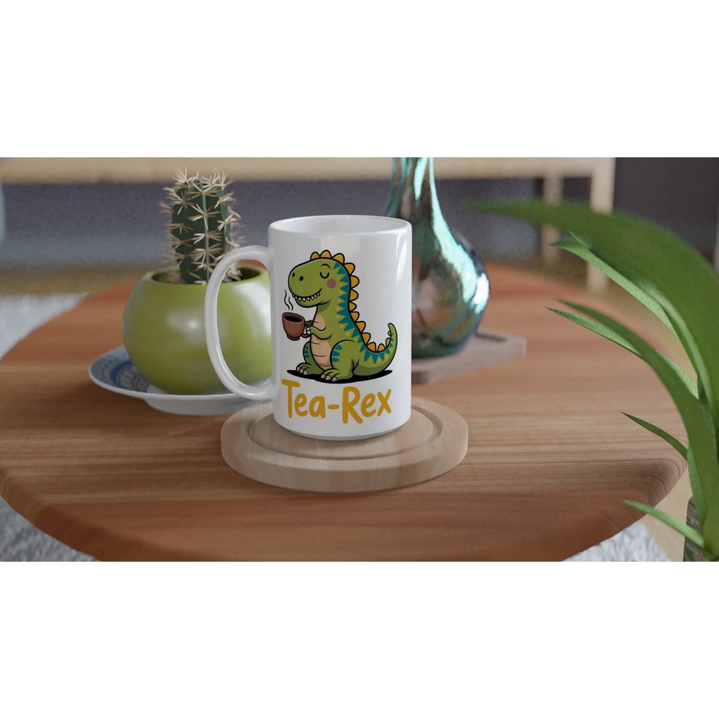 Personalised Tea-Rex, Tea Drinking Dinosaur White 15oz Ceramic Mug Personalised 15oz Mug Globally Fulfilled Tea