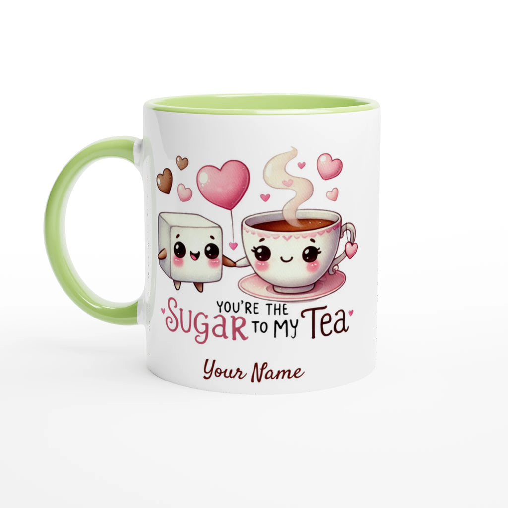 Personalised - You're The Sugar To My Tea, Valentine - White 11oz Ceramic Mug with Colour Inside Ceramic Green Personalised 11oz Mug