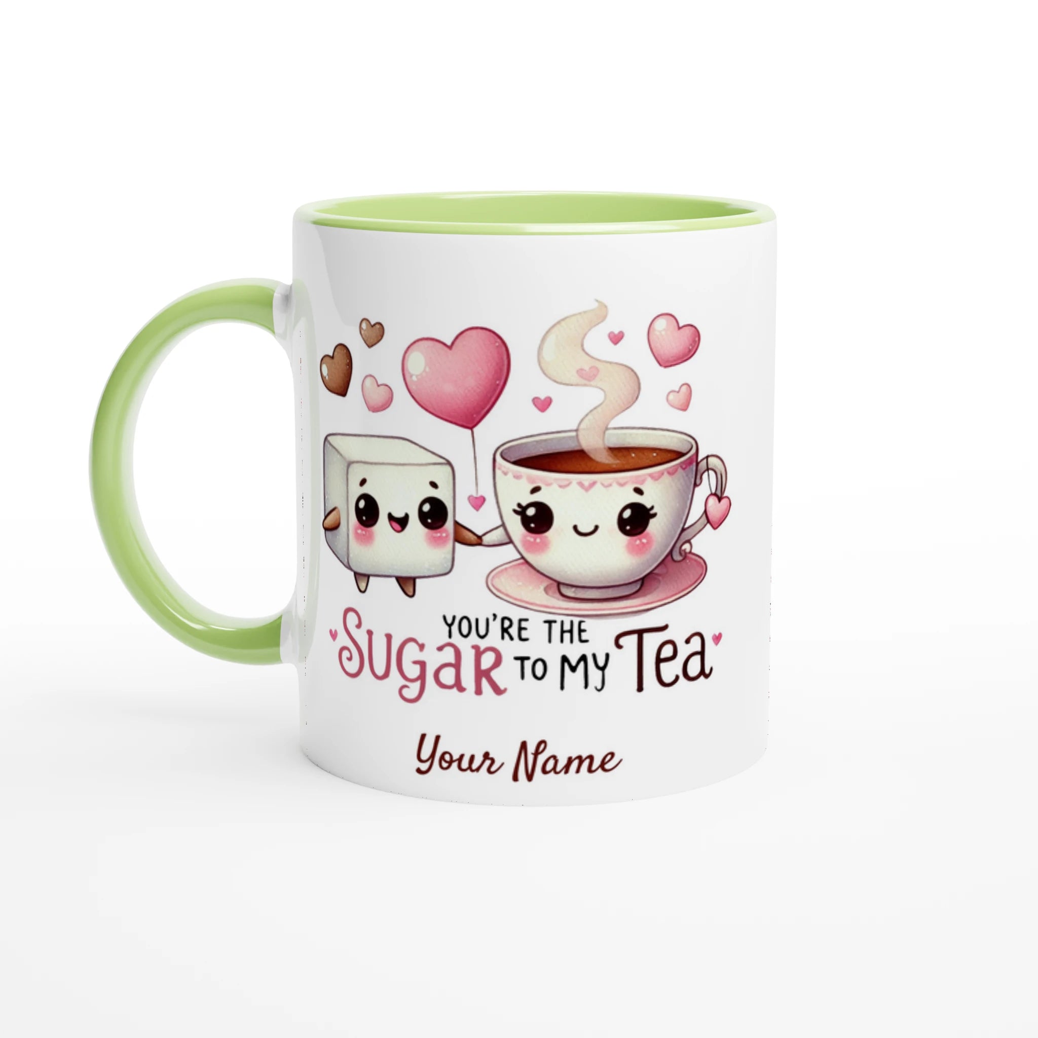 Personalised - You're The Sugar To My Tea, Valentine - White 11oz Ceramic Mug with Colour Inside Ceramic Green Personalised 11oz Mug
