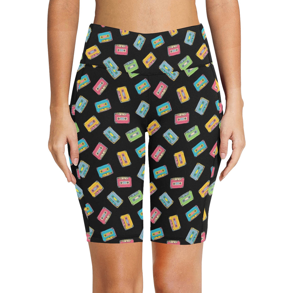 Colourful Cassettes Women's Bike Shorts With Side Pockets Women's Bike Shorts Music Printed Offshore Retro