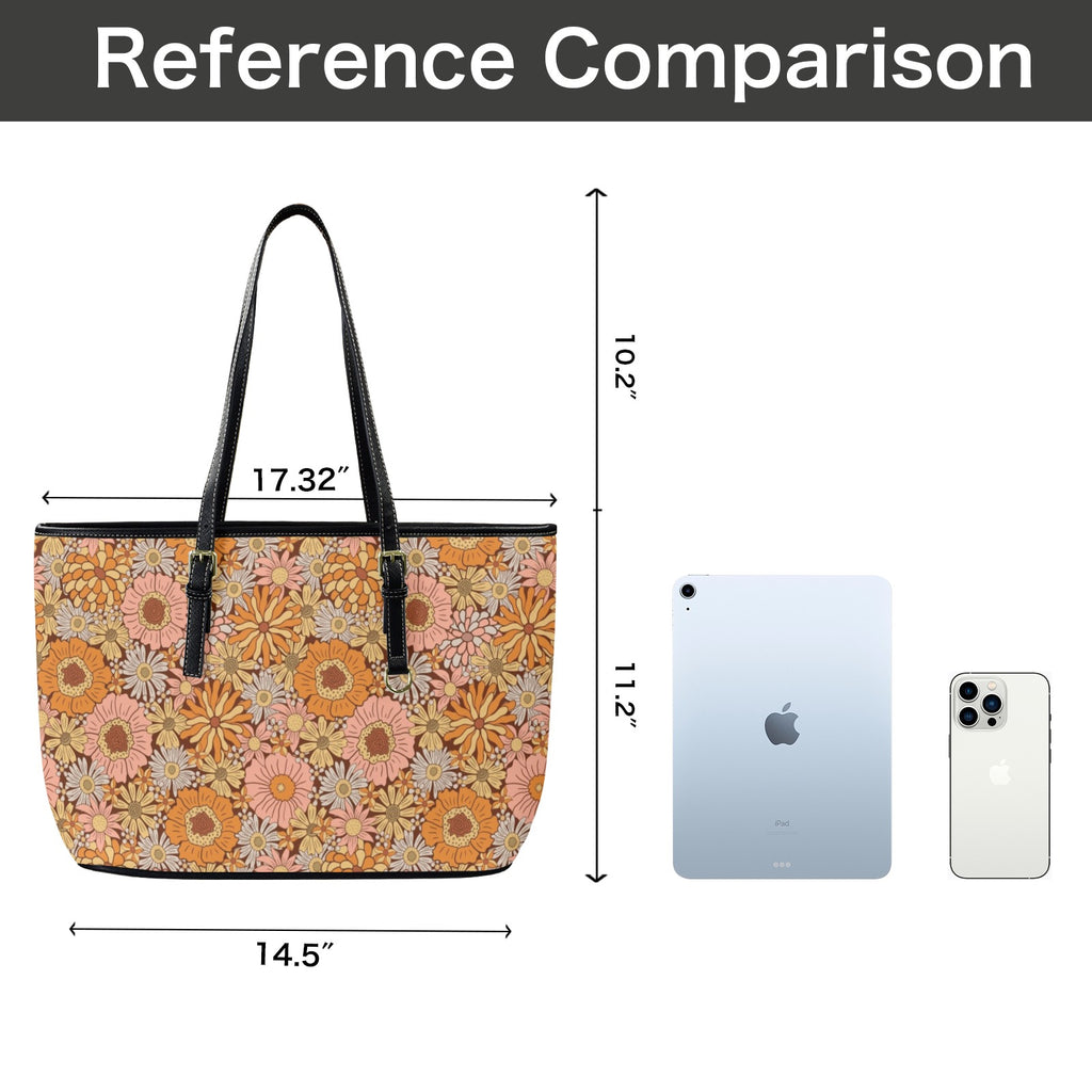 Orange Retro Floral PU Leather Tote Bag Large