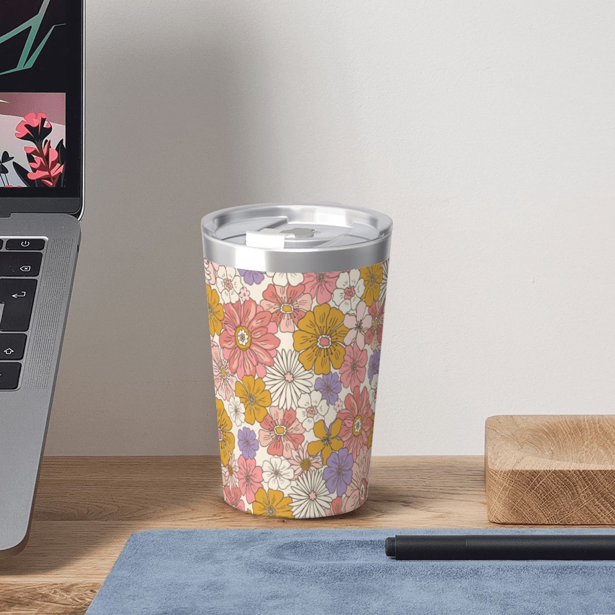 Faded Floral Small Stainless Steel Travel Mug Cup 12oz/350ml