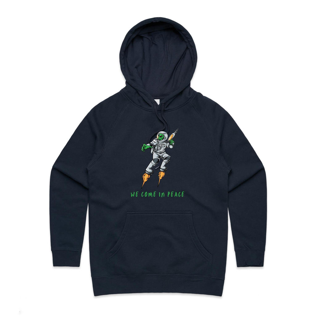 Alien Invasion, We Come In Peace - Womens Hoodie Navy Womens Hoodie Printed In Australia Sci Fi