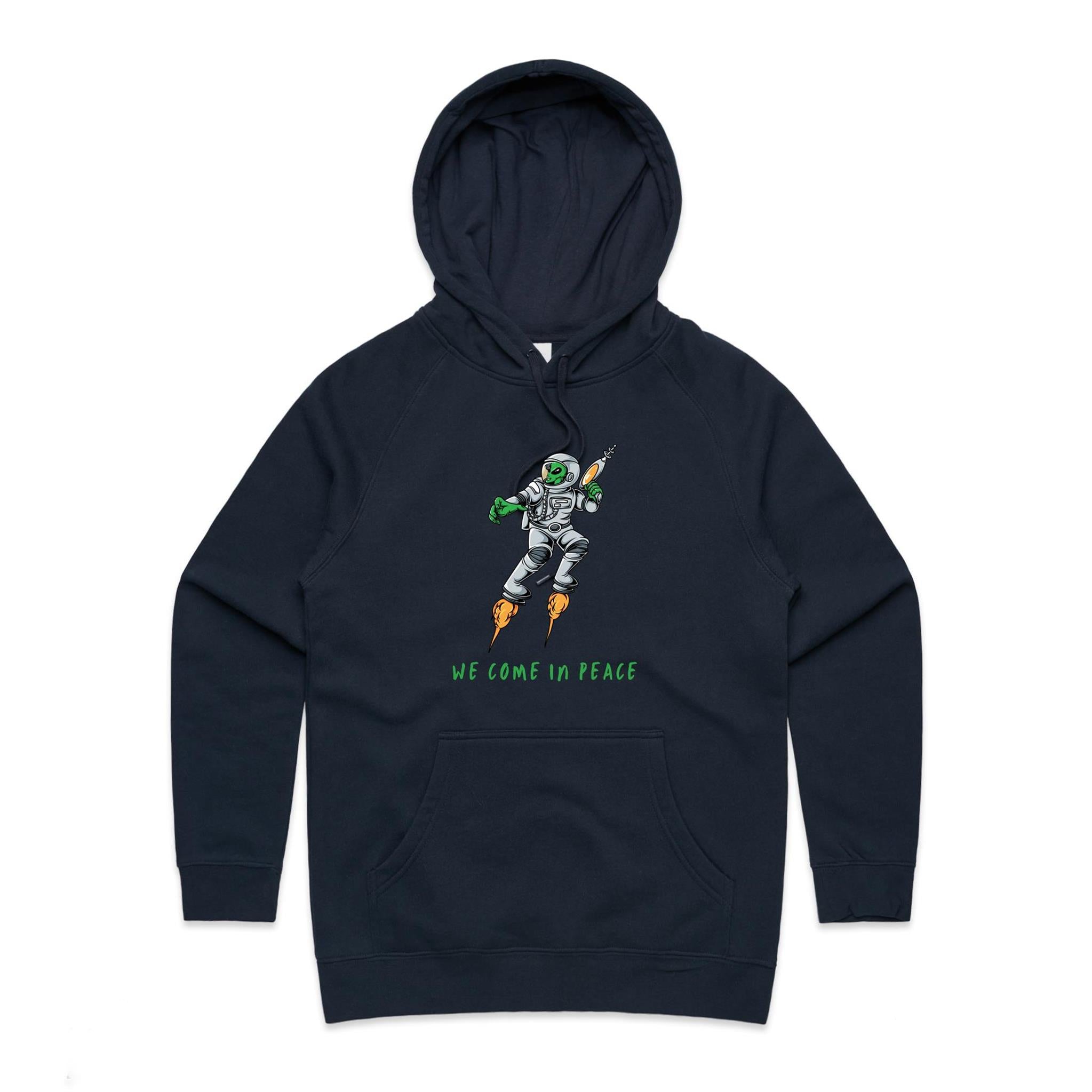 Alien Invasion, We Come In Peace - Womens Hoodie Navy Womens Hoodie Printed In Australia Sci Fi