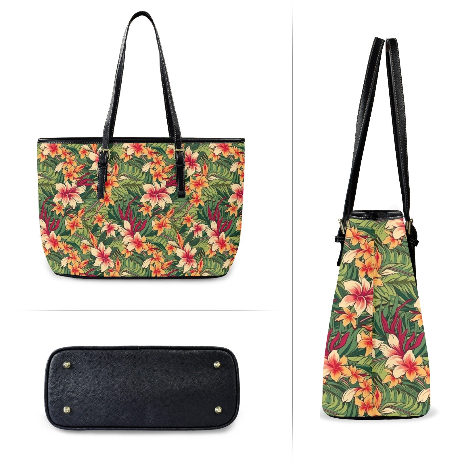 Vintage Hawaiian Floral - PU Leather Tote Bag - Large