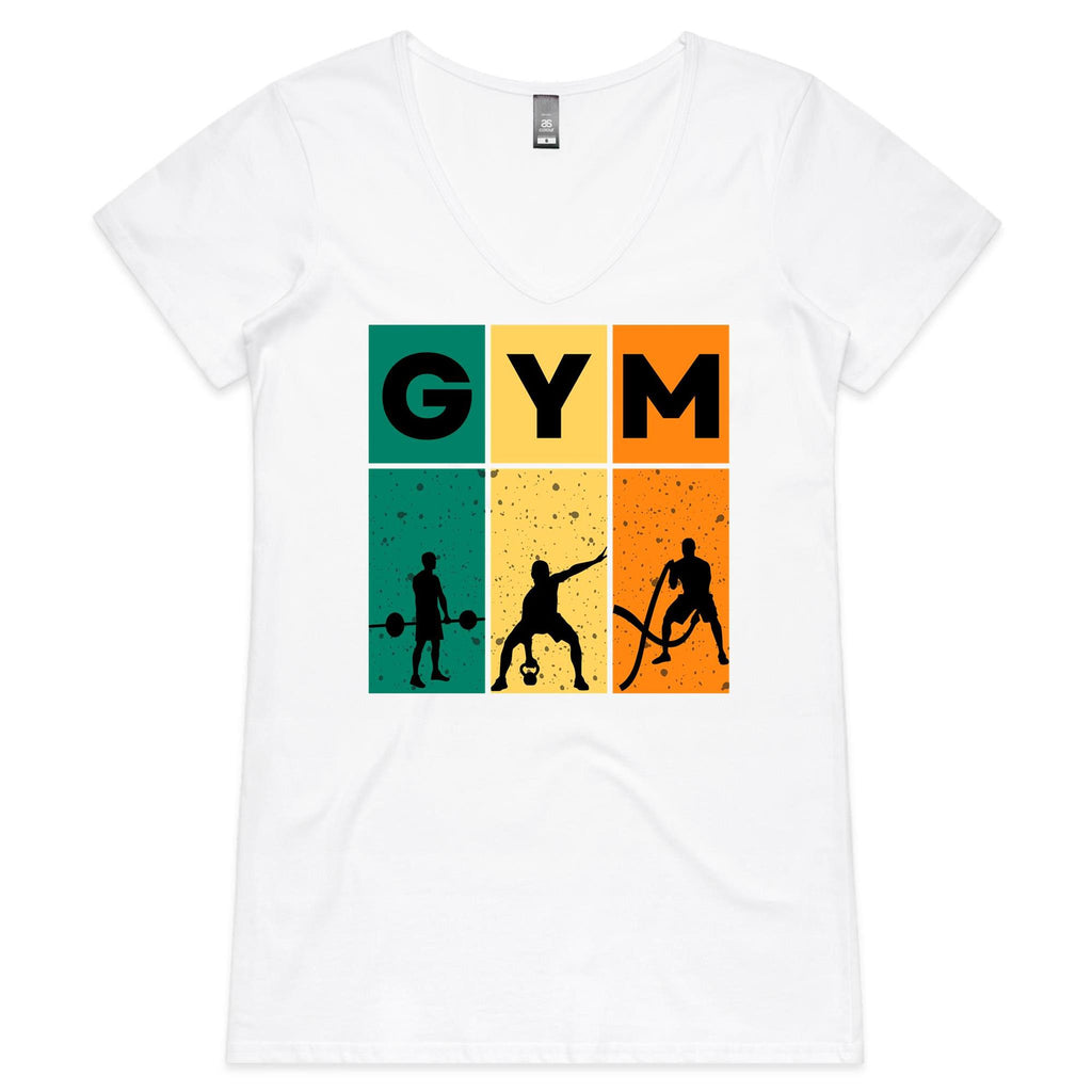 Gym - Womens V-Neck T-Shirt White Womens Active V-Neck T-shirt Fitness Printed In Australia