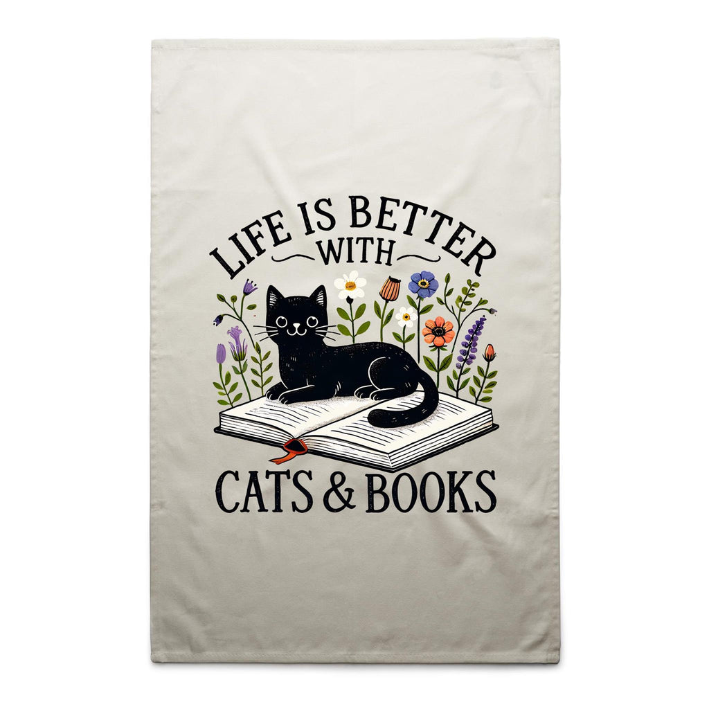 Life Is Better With Cats And Books - AS Colour Tea Towel Cream One Size Tea Towel animal Printed In Australia Reading