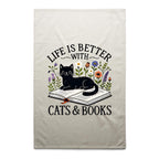 Life Is Better With Cats And Books - AS Colour Tea Towel Cream One Size Tea Towel animal Printed In Australia Reading