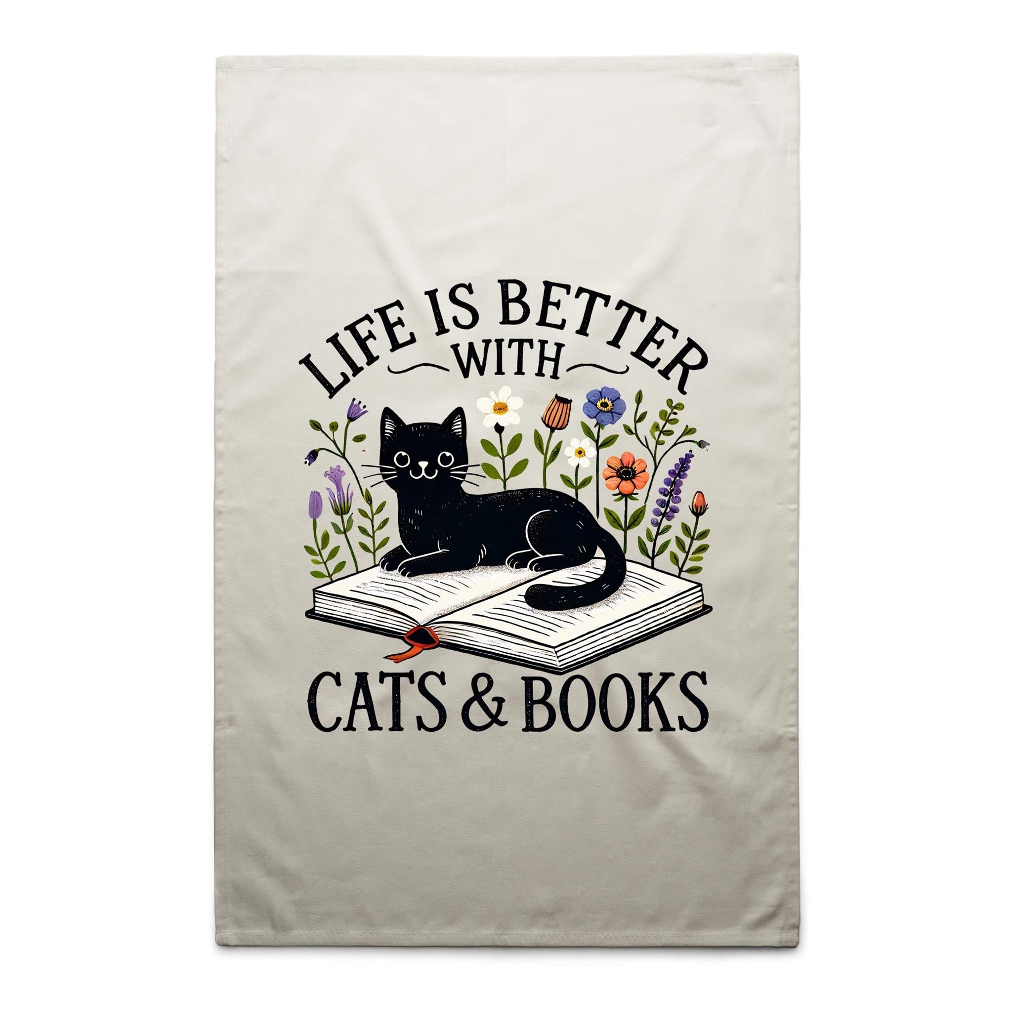 Life Is Better With Cats And Books - AS Colour Tea Towel Cream One Size Tea Towel animal Printed In Australia Reading