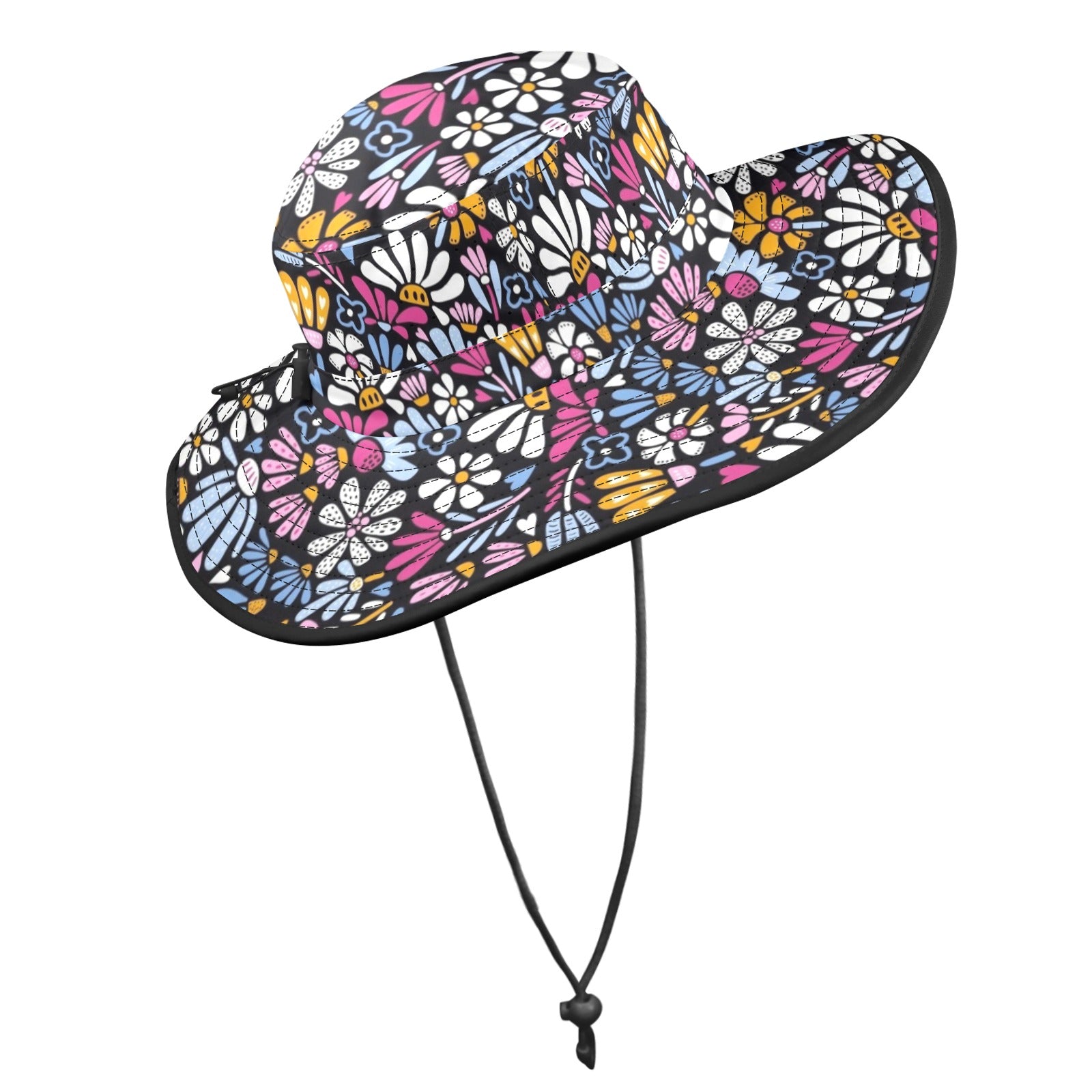 Graphic Flowers On Black Wide Brim Bucket Hat Wide Brim Bucket Hat Plants Printed Offshore