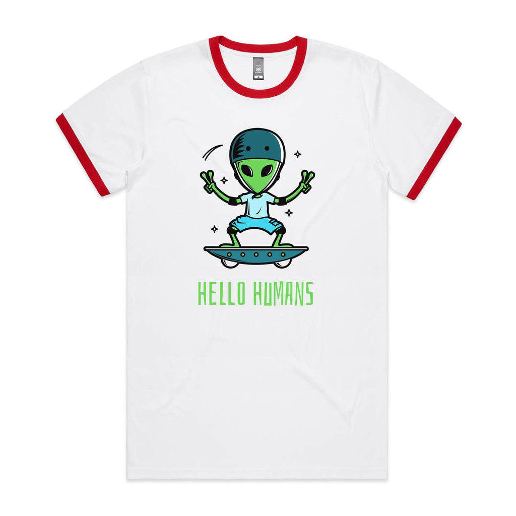 Alien, Hello Humans - Staple Ringer Tee White Red Ringer T-Shirt Printed In Australia Sci Fi