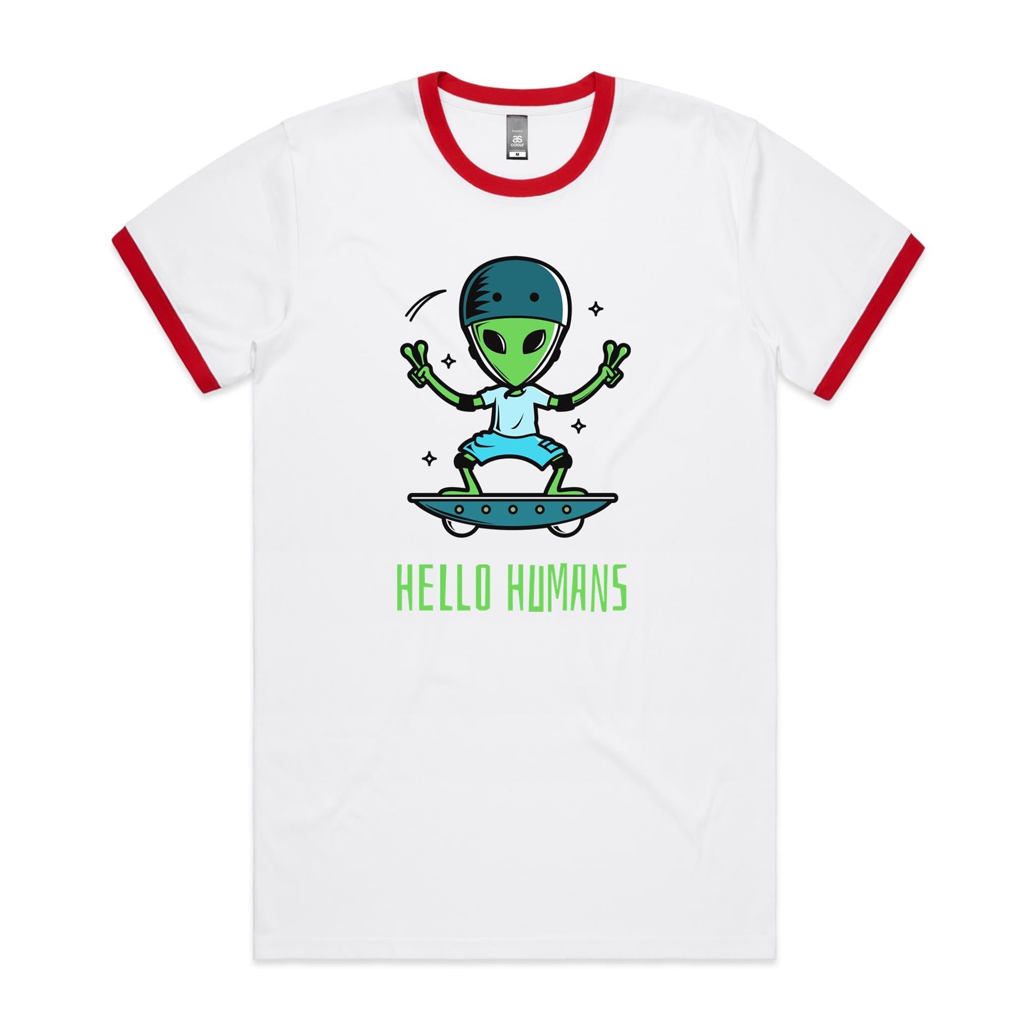 Alien, Hello Humans - Staple Ringer Tee White Red Ringer T-Shirt Printed In Australia Sci Fi