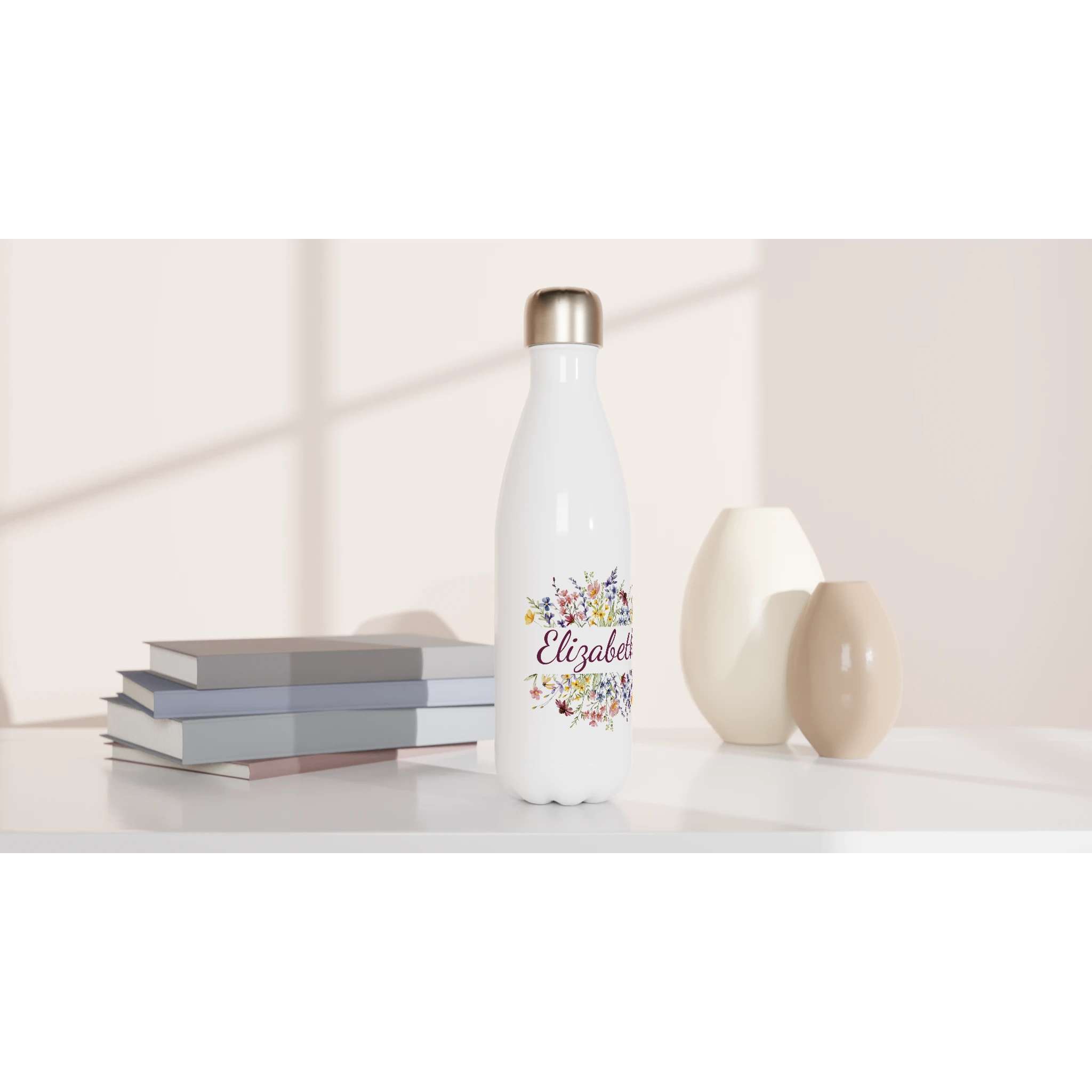 Flower Frame Name - White 17oz Stainless Steel Water Bottle Personalised Water Bottle customise Globally Fulfilled Name personalise