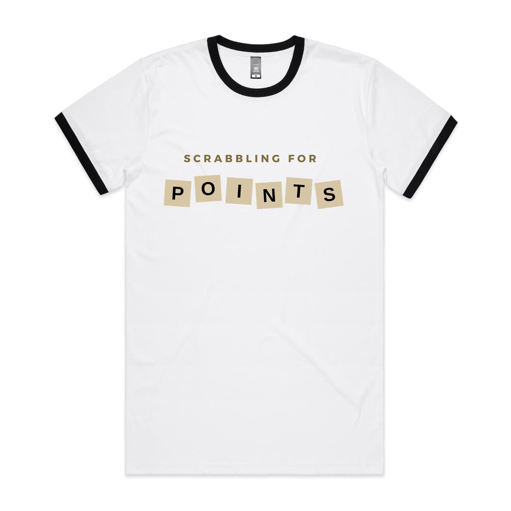 Scrabbling For Points - Staple Ringer Tee White Black Ringer T-Shirt Games Printed In Australia