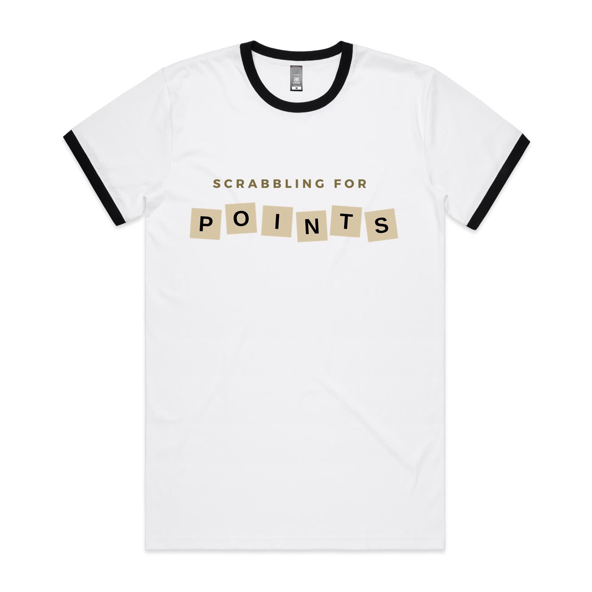 Scrabbling For Points - Staple Ringer Tee White Black Ringer T-Shirt Games Printed In Australia