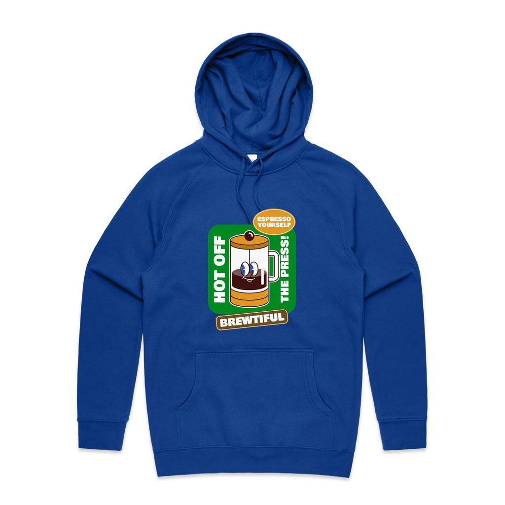 Brewtiful, Coffee Press - Mens Hoodie Bright Royal Mens Hoodie Coffee Printed In Australia