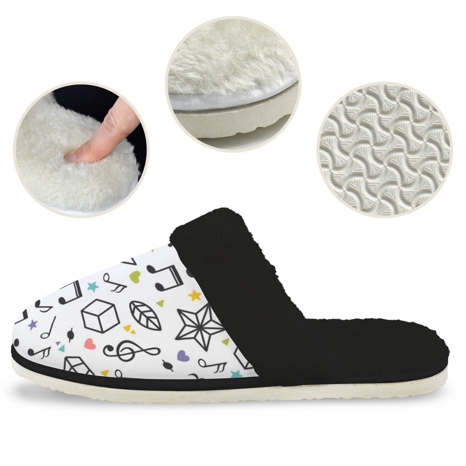 Music Time Men's Fur Trim Thick-Sole Indoor Slippers Men's Fur Trimmed Slippers Music Printed Offshore