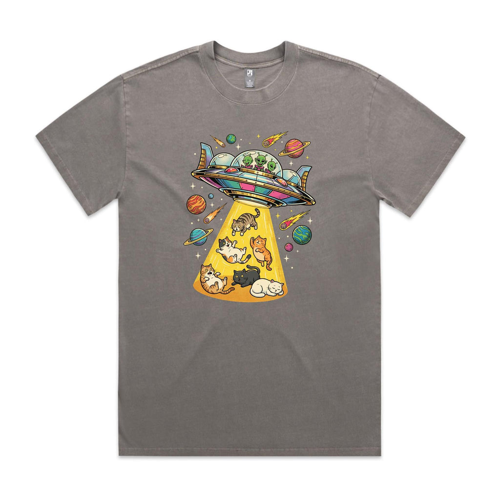 UFO Cat Abduction AS Colour Heavy Faded Tee Unisex Faded grey Heavy Faded T-shirt animal Printed In Australia Sci Fi