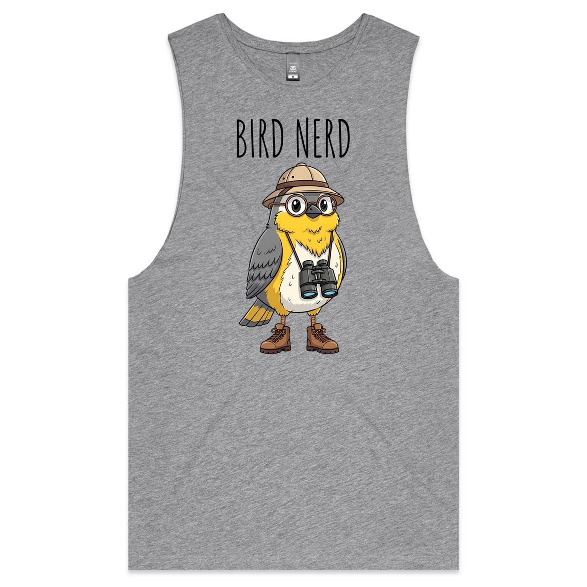 Bird Nerd 2 - Mens Tank Top Tee Grey Marle Drop Arm Tank Top animal Printed In Australia