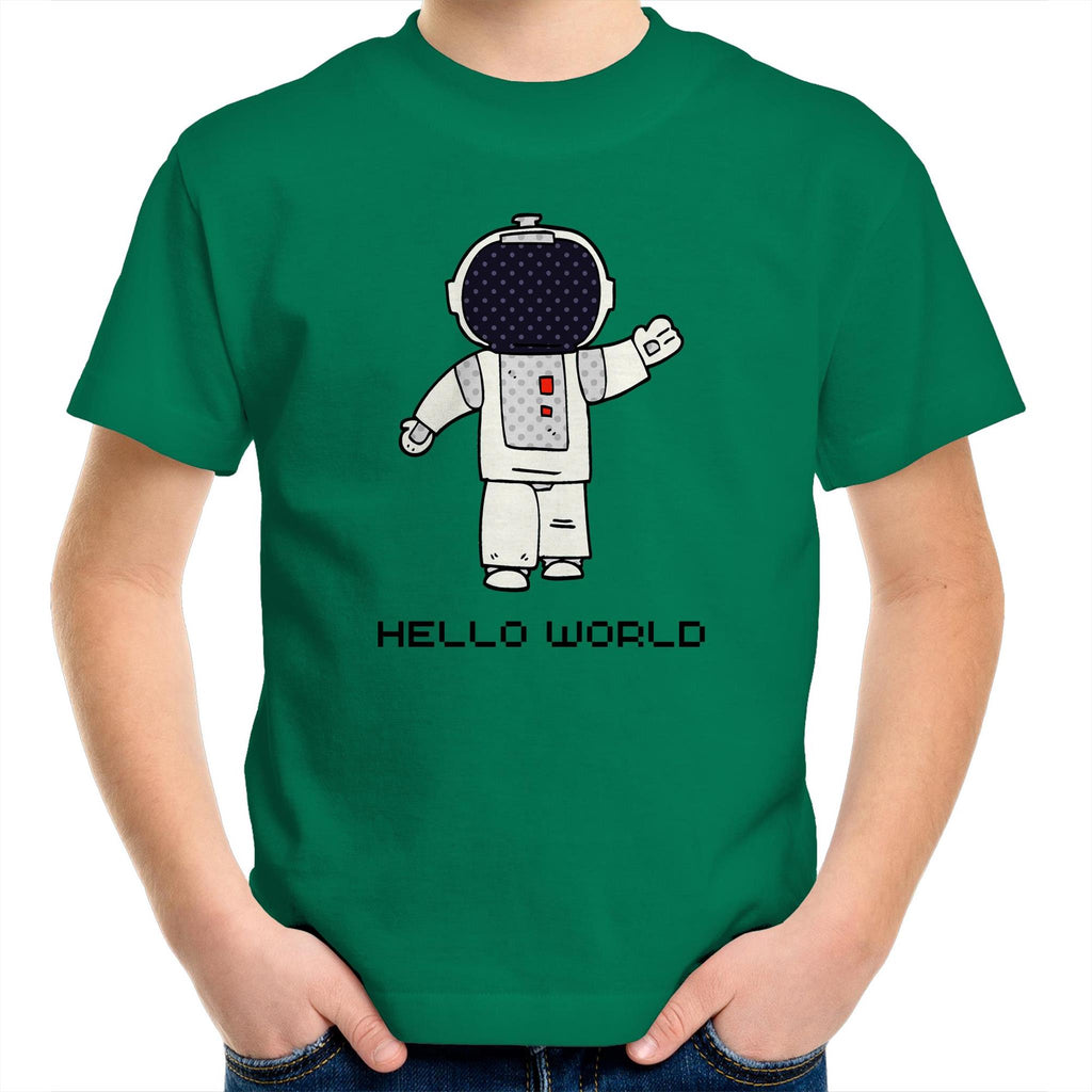 Astronaut, Hello World - Kids Youth T-Shirt Kelly Green Kids Youth T-shirt Printed In Australia Space