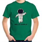 Astronaut, Hello World - Kids Youth T-Shirt Kelly Green Kids Youth T-shirt Printed In Australia Space