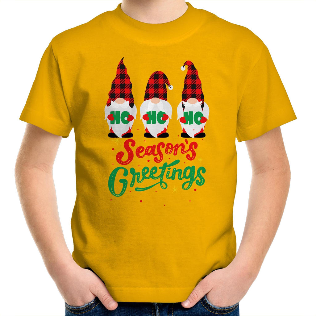 Christmas Gnomes Seasons Greetings - Kids Youth T-Shirt Gold Kids Christmas T-shirt Christmas Printed In Australia