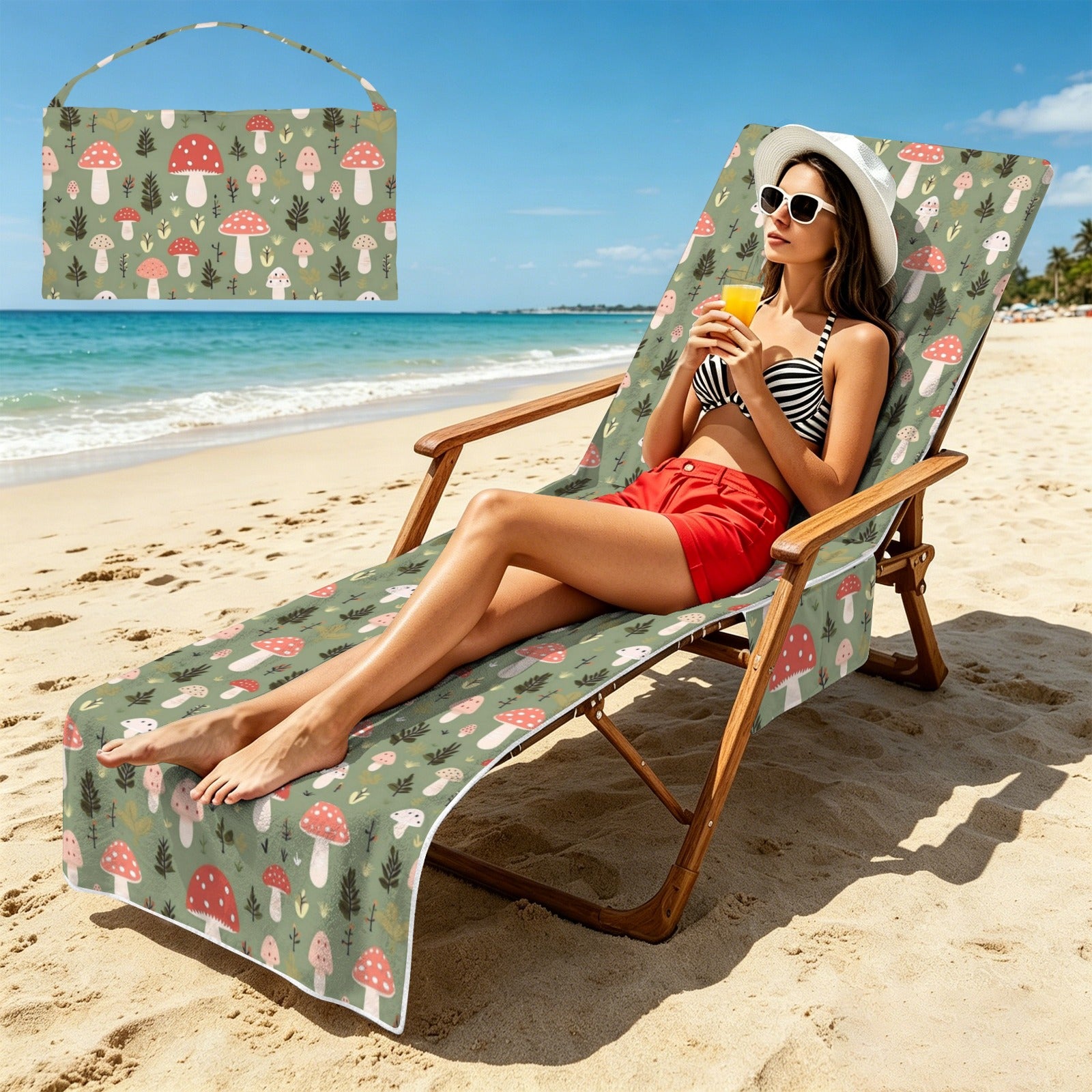 Mushroom Garden Beach Chair Towel Cover with Side Pockets