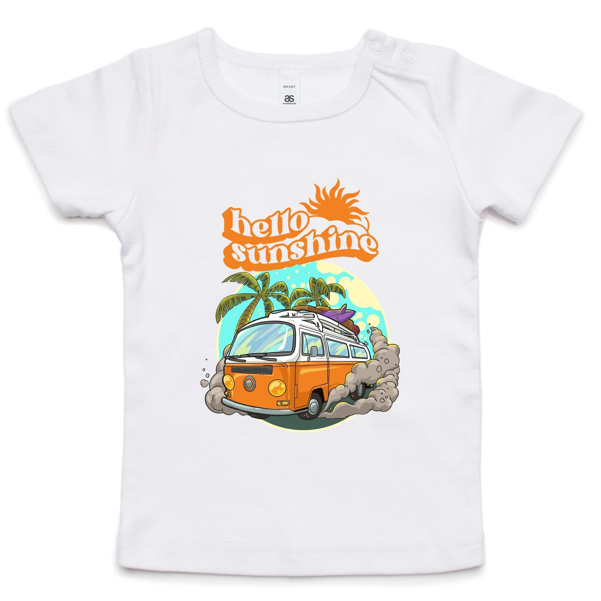 Hello Sunshine, Beach Van - Baby T-shirt White Baby T-shirt Printed In Australia Summer Surf