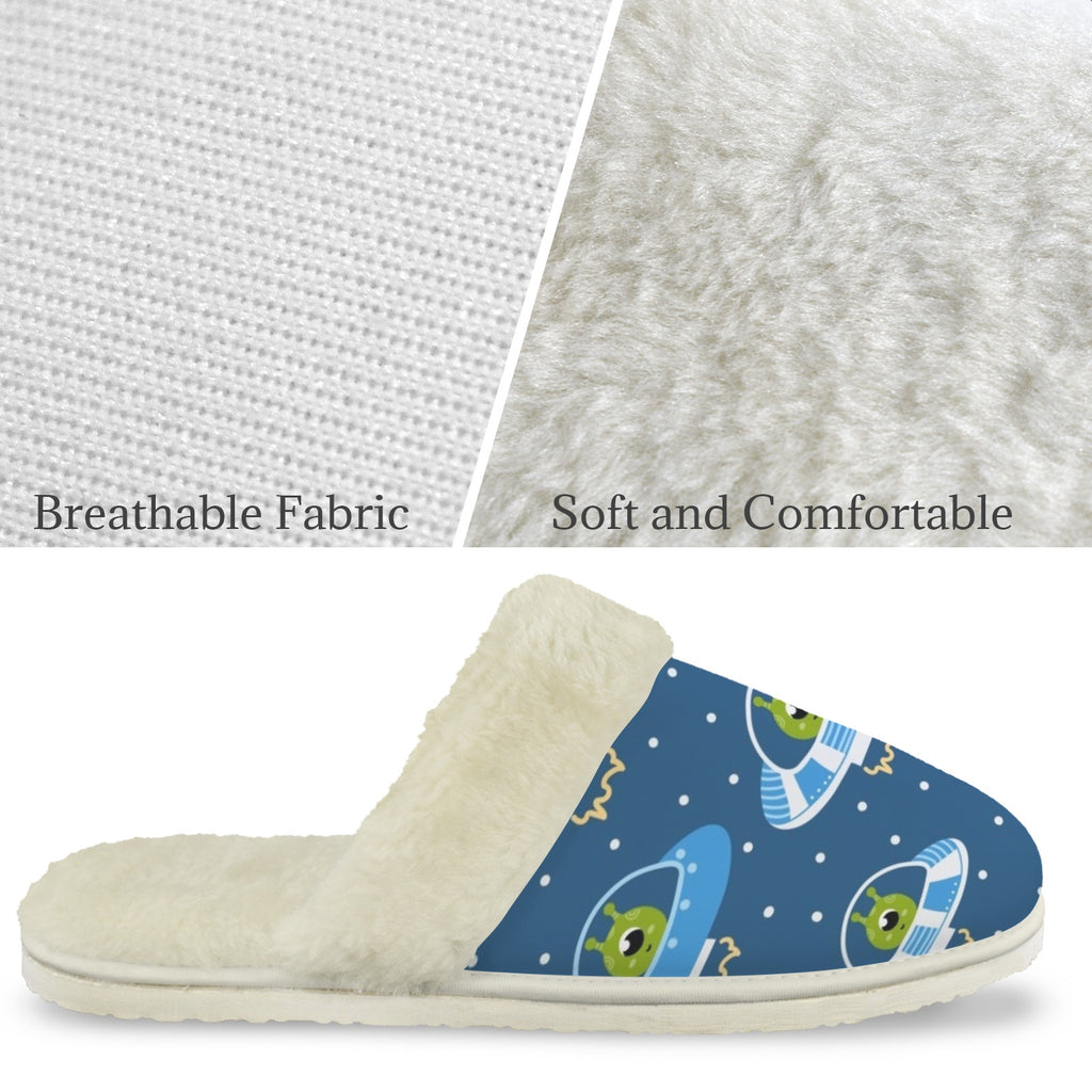 Cute Aliens in UFOs Women's Fur Trim Thick-Sole Indoor Slippers Women's Fur Trimmed Slippers Printed Offshore Sci Fi