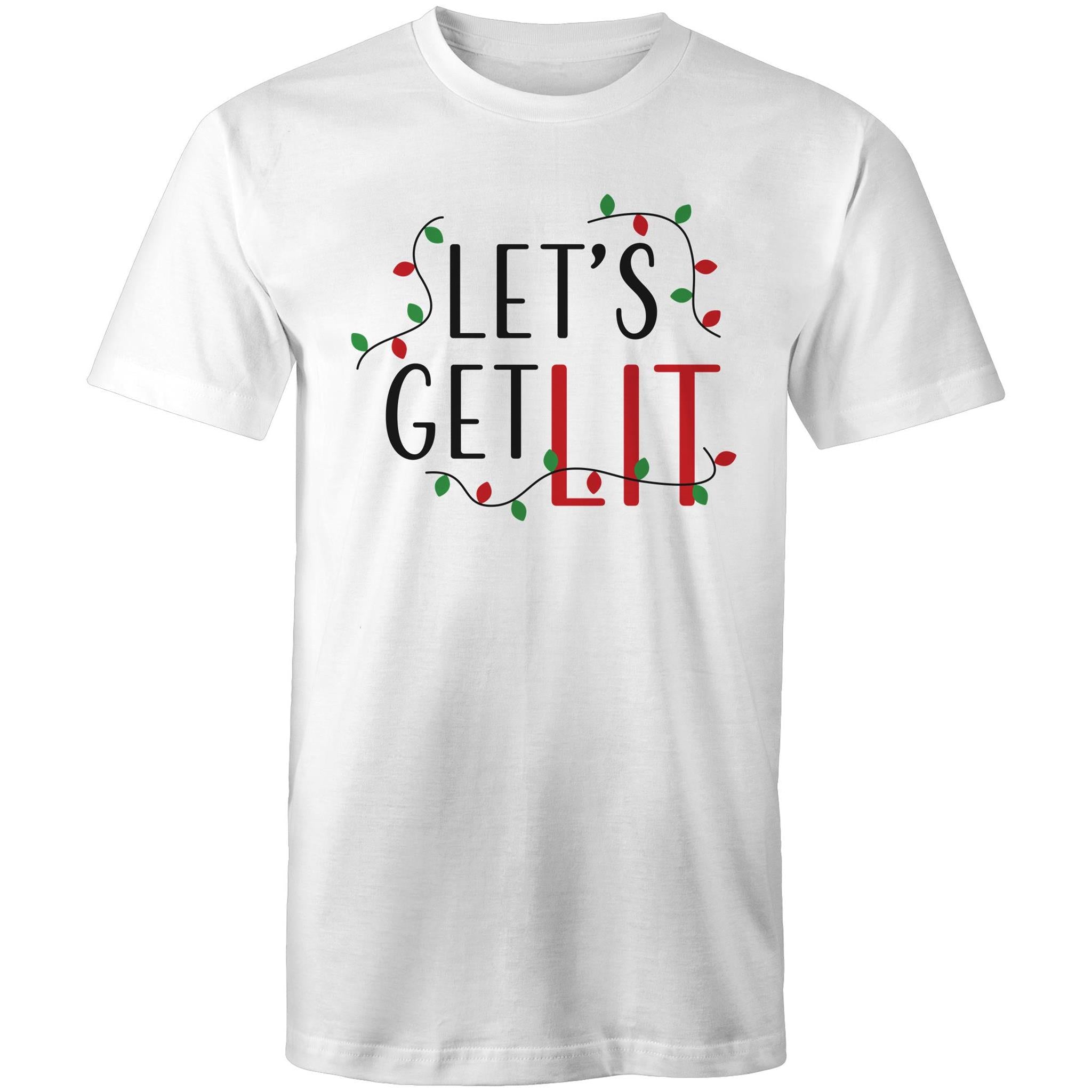 Let's Get Lit, Christmas Lights - Mens T-Shirt White Mens Christmas T-shirt Christmas Printed In Australia
