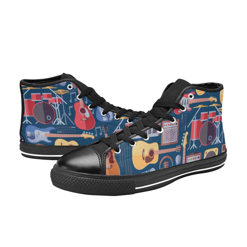 Music Instruments Blue - Kids High Top Canvas Shoes