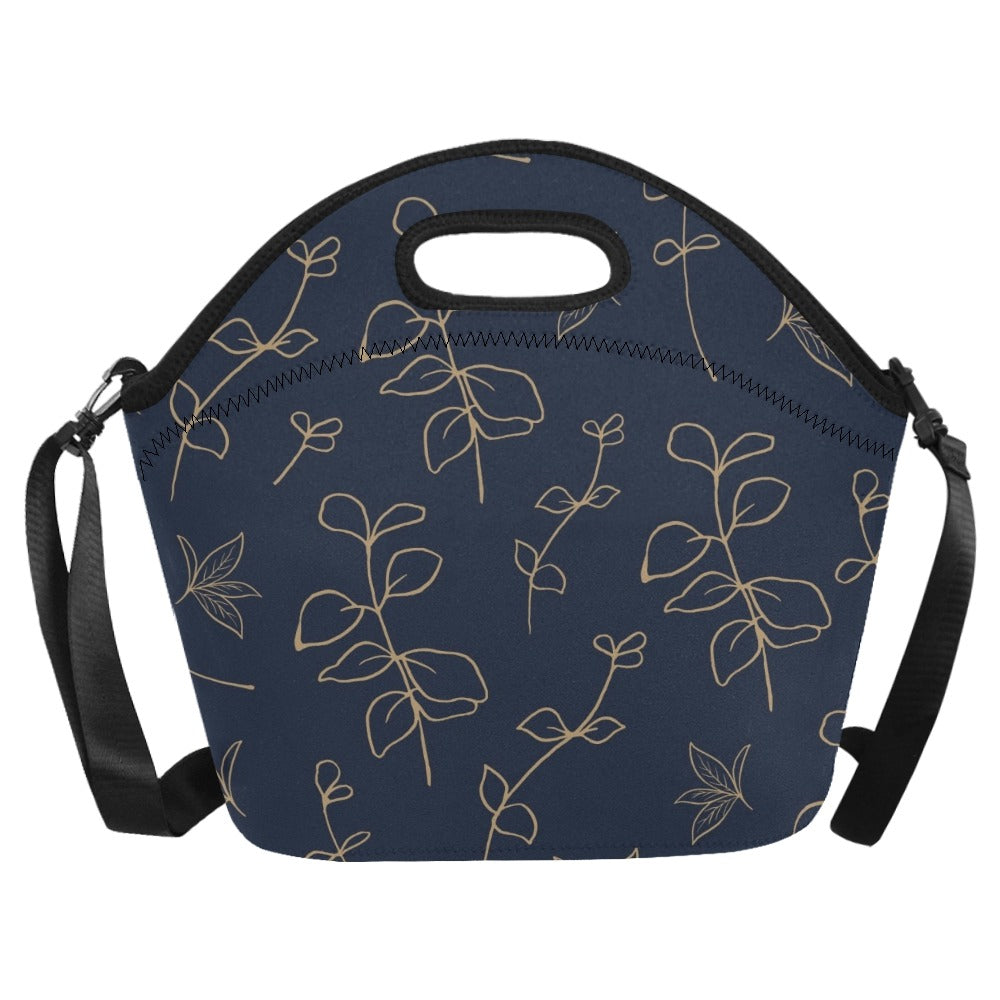 Gold Flowers On Navy Neoprene Lunch Bag/Large (Model 1669) Neoprene Lunch Bag Plants Printed Offshore
