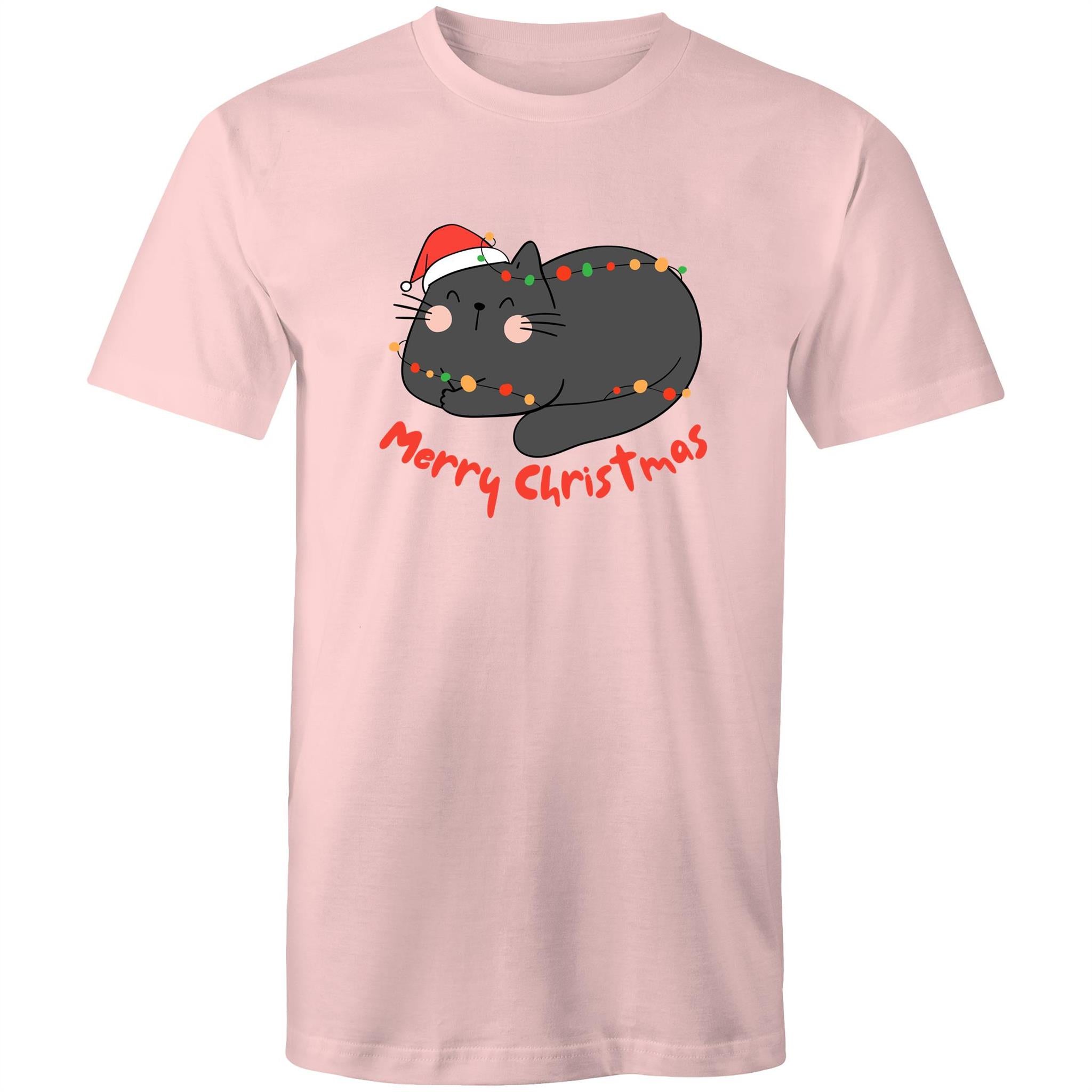 Merry Christmas Cat - Mens T-Shirt Pink Mens Christmas T-shirt Christmas Printed In Australia