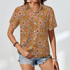Orange Retro Floral Women's Collared Pocketless Short Sleeve Shirt