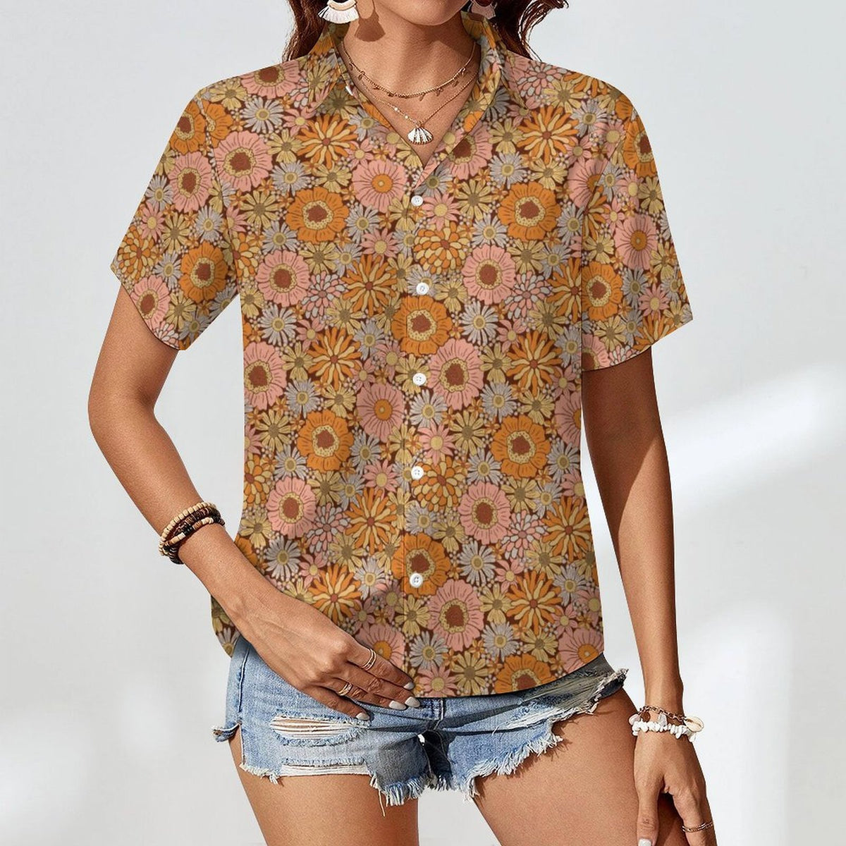Orange Retro Floral Women's Collared Pocketless Short Sleeve Shirt
