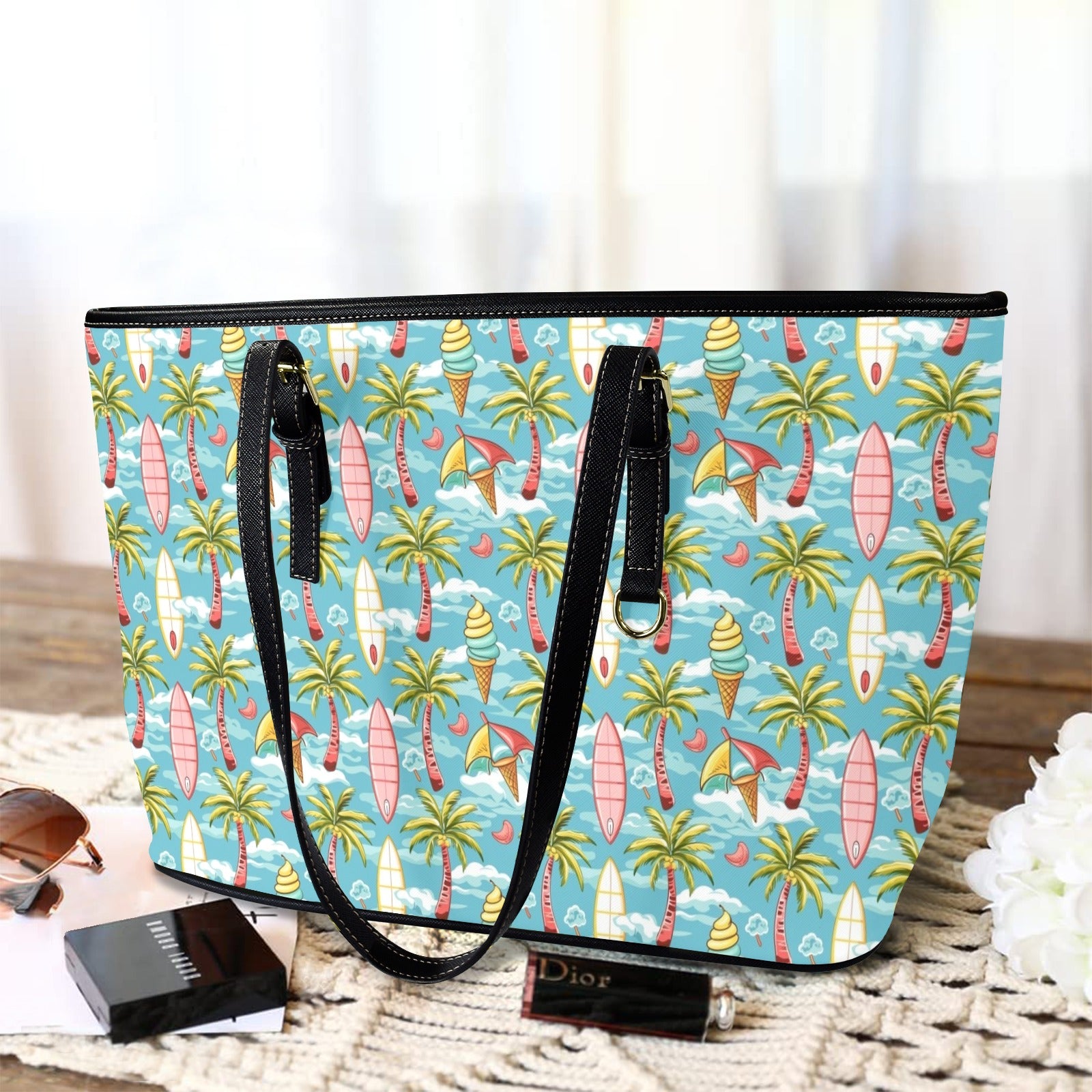 Summer Surf PU Leather Tote Bag Large Leather Tote Bag-Large Printed Offshore Summer Surf