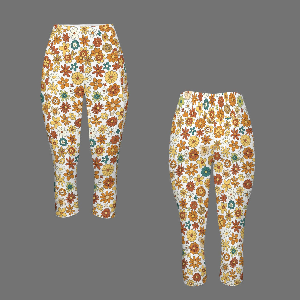 70's Style Floral Women's High Waist Pocket Capri Yoga Leggings