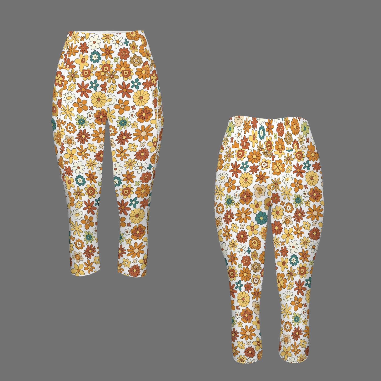 70's Style Floral Women's High Waist Pocket Capri Yoga Leggings