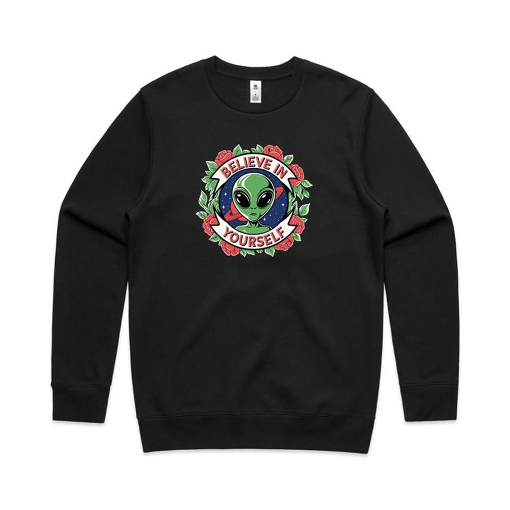 Believe In Yourself, Alien - AS Colour Stencil Crew Black Sweatshirt Motivation Positivity Printed In Australia Sci Fi