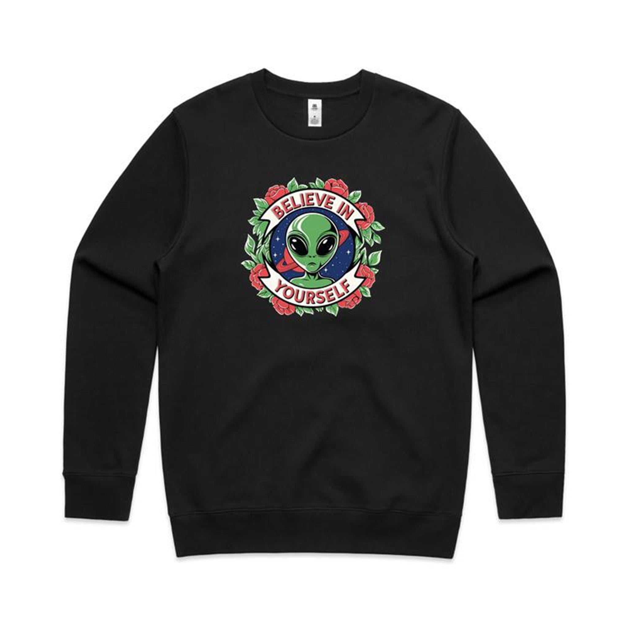 Believe In Yourself, Alien - AS Colour Stencil Crew Black Sweatshirt Motivation Positivity Printed In Australia Sci Fi