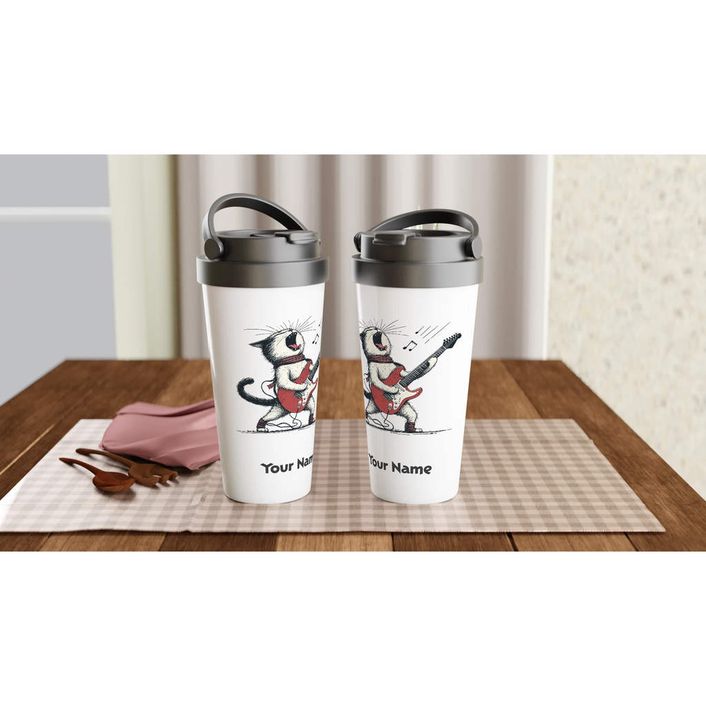Personalised Cat Playing Guitar White 15oz Stainless Steel Travel Mug Personalised Travel Mug animal Globally Fulfilled Music
